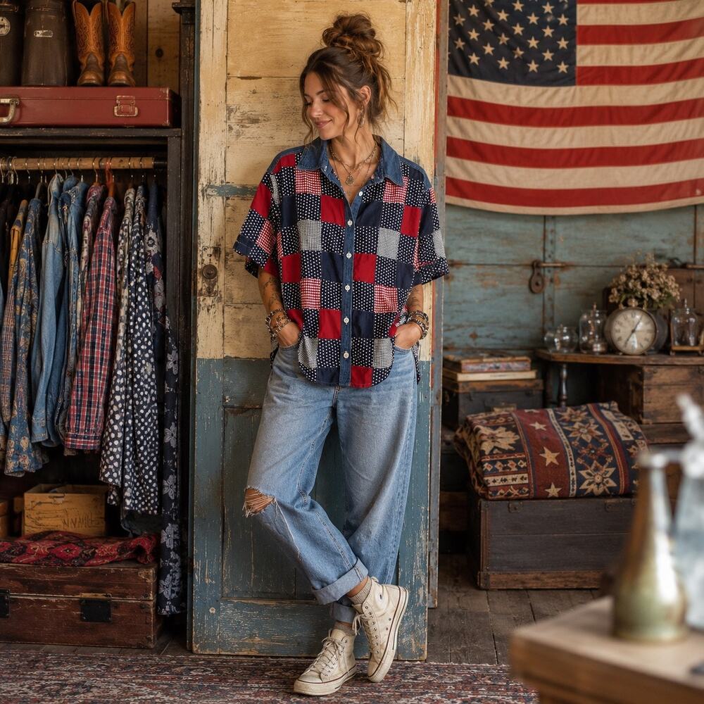 Vintage Quizz Jeans Patchwork Americana Colton Button Shirt Women’s 18 Cottage